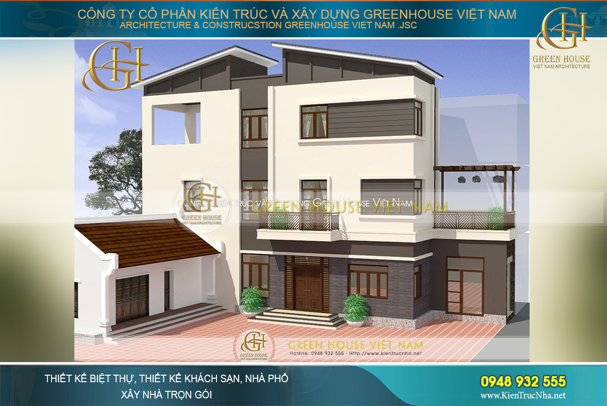 Khu vực sân phía trước, các KTS Green House Việt Nam sử dụng gạch lát sân màu đỏ, tương thích với không gian tổng thể chung kiến trúc