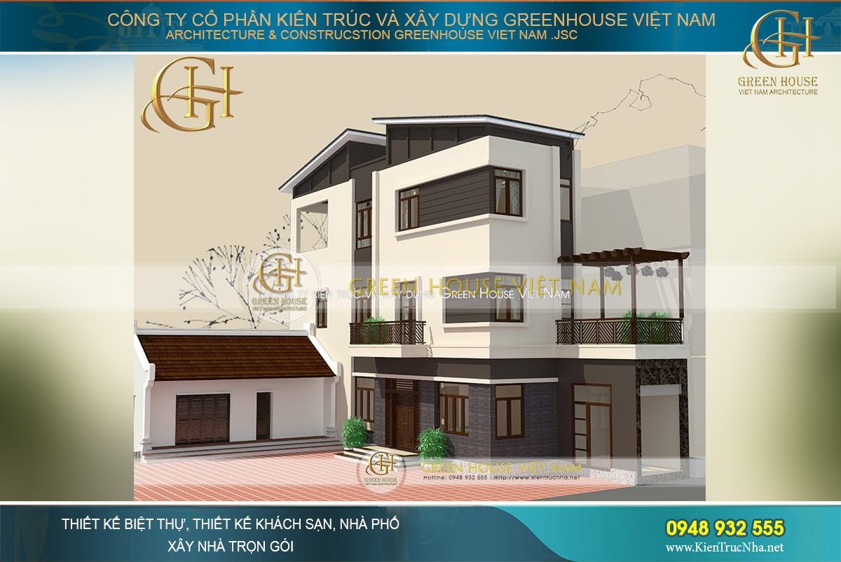 Bản phác thảo 3D của ngôi nhà phố 3 tầng tại Bắc Giang được thiết kế theo phong cách hiện đại