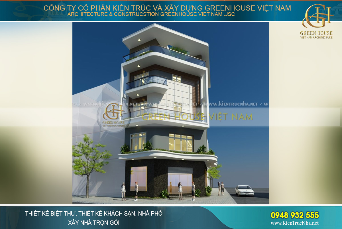 Thiết kế nhà phố kết hợp kinh doanh 2 mặt tiền 5 tầng đẹp ấn tượng