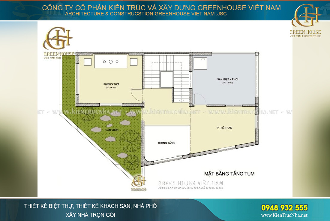 Tầng 5 là khu vực tiểu cảnh sân vườn, phòng thờ cũng sân phơi đồ