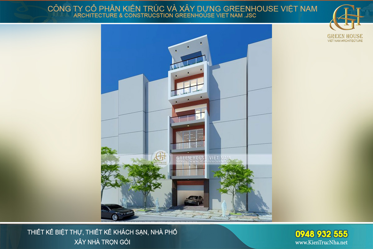 Phối cảnh mặt tiền của thiết kế nhà ống 6 tầng kết hợp kinh doanh tại Hà Nội