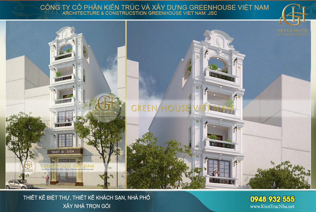 Phối cảnh mặt tiền kiến trúc của nhà phố kết hợp kinh doanh 7 tầng tại Hà Nội