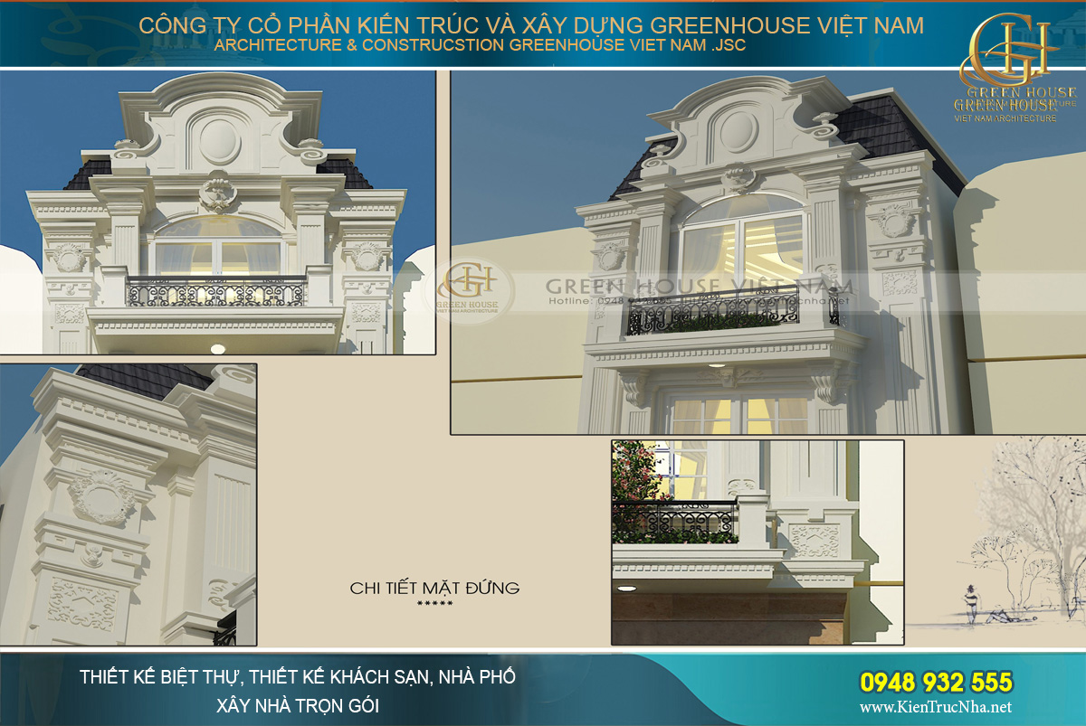 Cận cảnh chi tiết từng hoa văn, họa tiết phào chỉ trên mỗi bức tường, gờ tường của ngôi nhà phố tân cổ điển