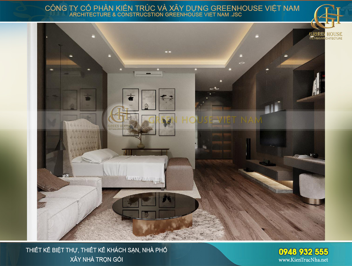 Không gian phòng ngủ mang vẻ đẹp lịch lãm, trầm ấm và sang trọng