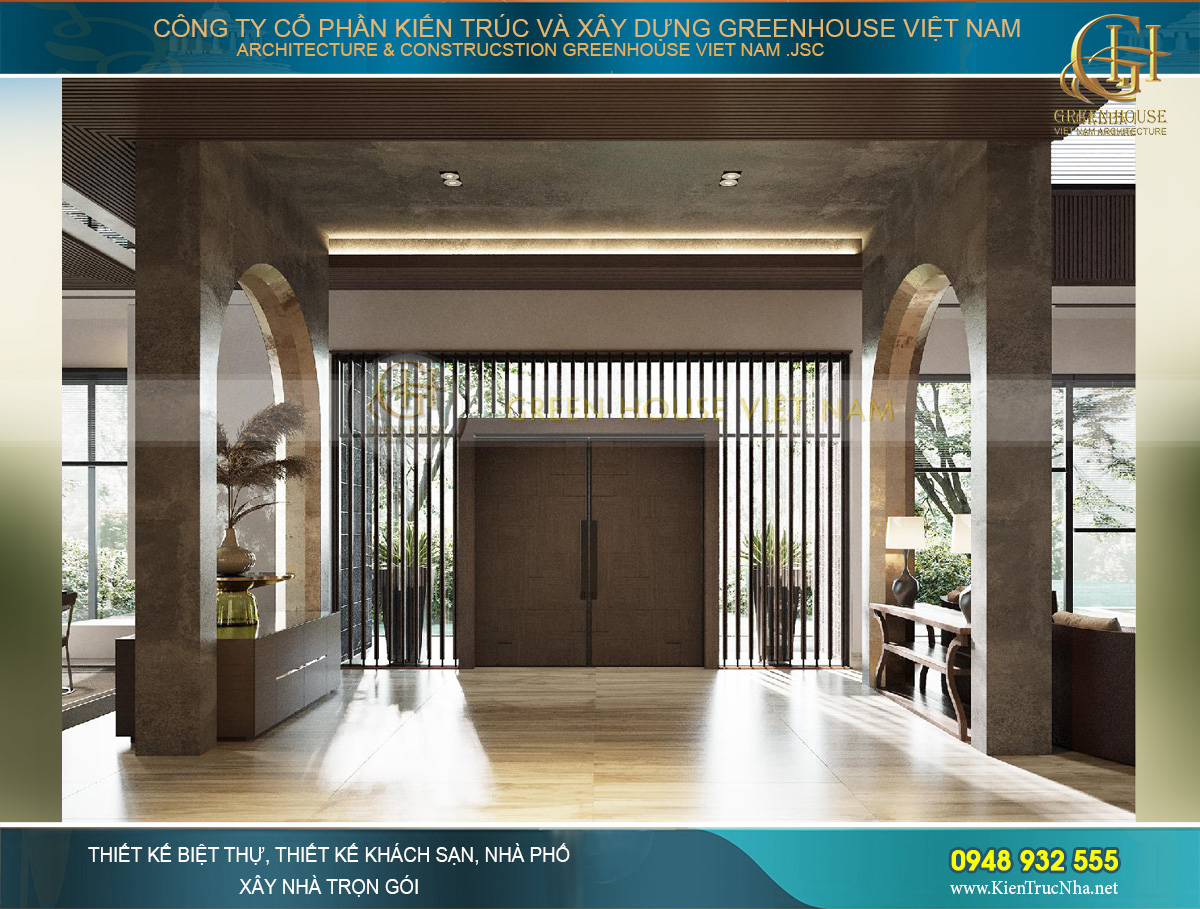 Hướng nhìn từ trong tiền sảnh ra cửa với thiết kế dạng song vô cùng độc đáo