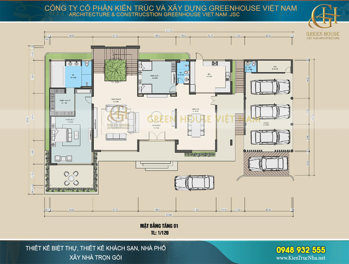 Mặt bằng công năng tầng 1 của biệt thự nghỉ dưỡng hiện đại 460m2