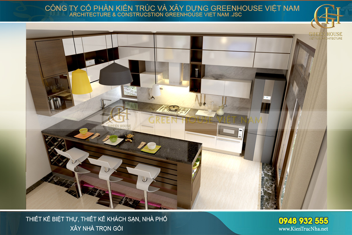 Cận cảnh không gian phòng bếp biệt thự với sự bố trí gọn gàng, khoa học