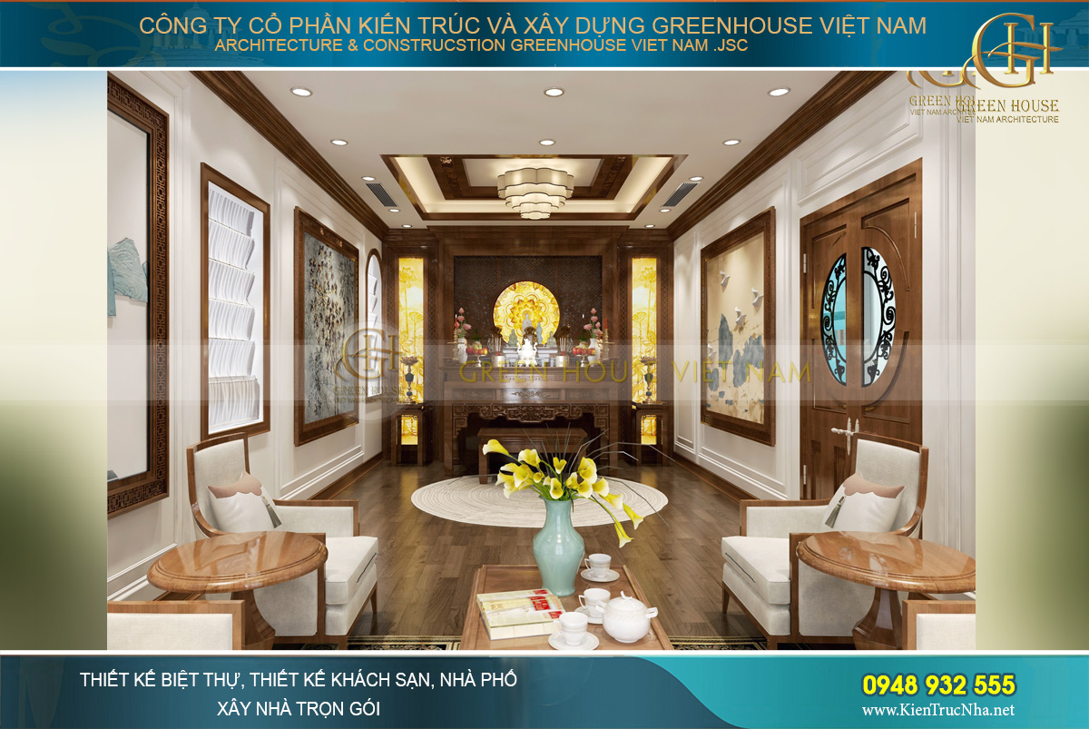 Toàn cảnh không gian phòng thờ và phòng trà của biệt thự tân cổ điển Á Đông