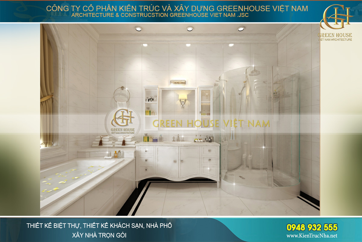 Phòng tắm với bồn tắm và khu vực vòi sen trong phòng kính trong suốt cho trải nghiệm mới lạ