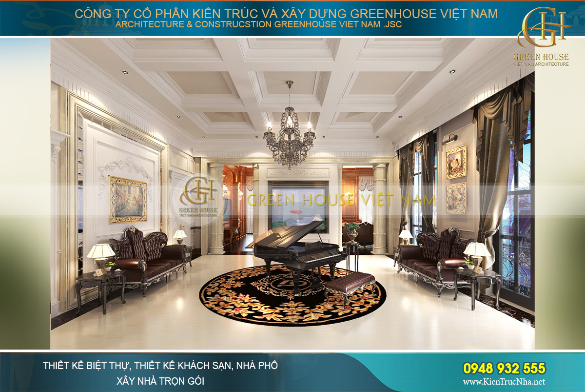 Phòng khiêu vũ với đàn dương cầm và không gian rộng để phục vụ các buổi tiệc khiêu vũ của gia chủ