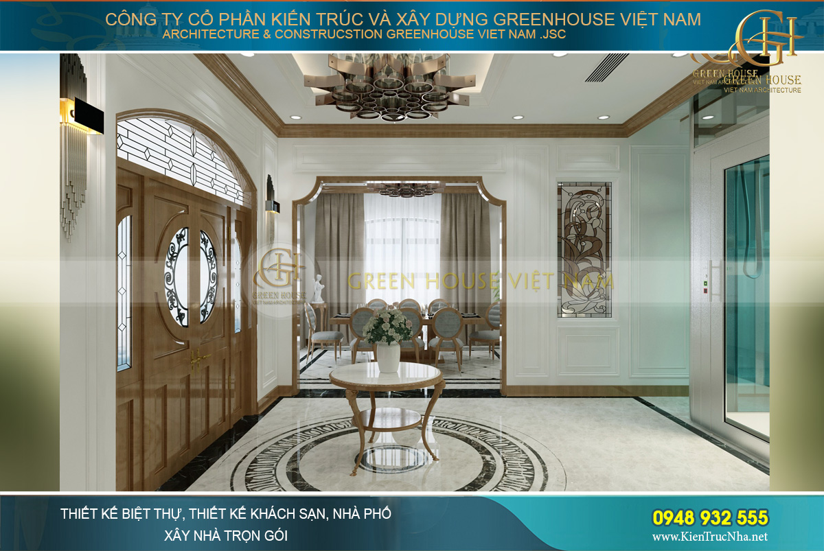 Đối xứng qua hai bên đại sảnh là không gian phòng khách và phòng bếp