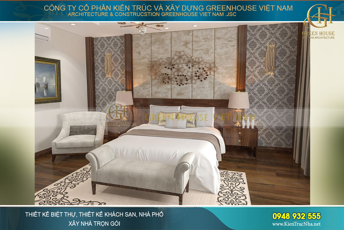 Khung tường phía sau là điểm nhấn ấn tượng với giấy dán tường, khung bọc nệm