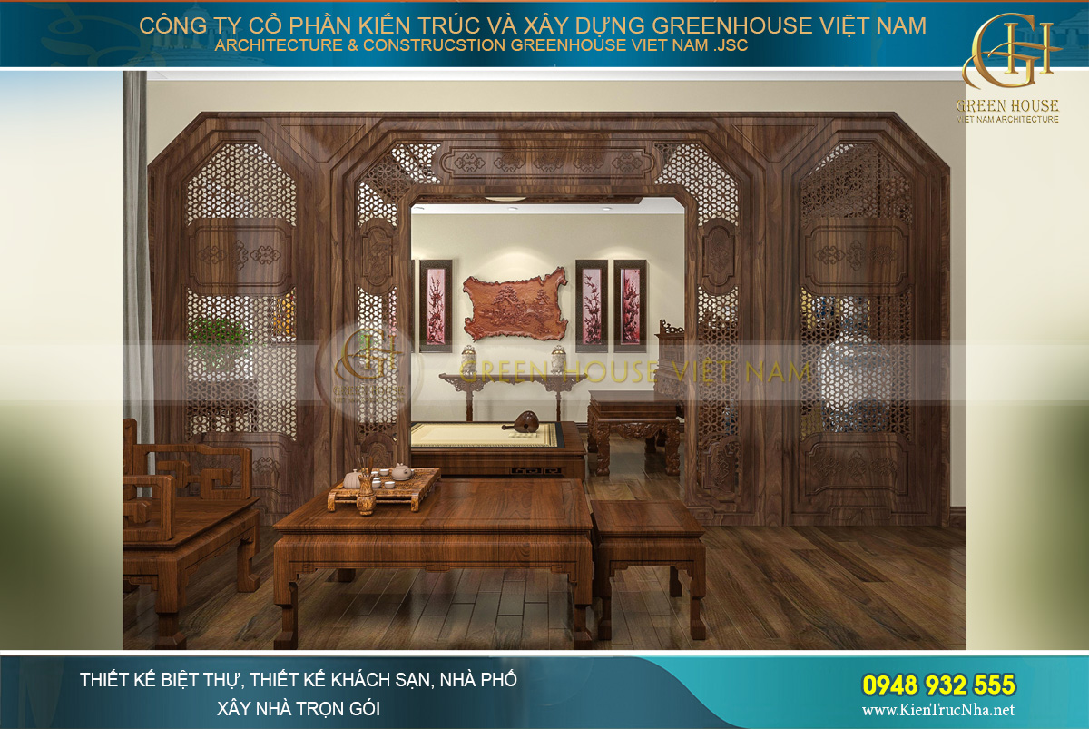 Bức tường gỗ chạm trổ hoa văn tinh xảo ngăn cách 2 không gian