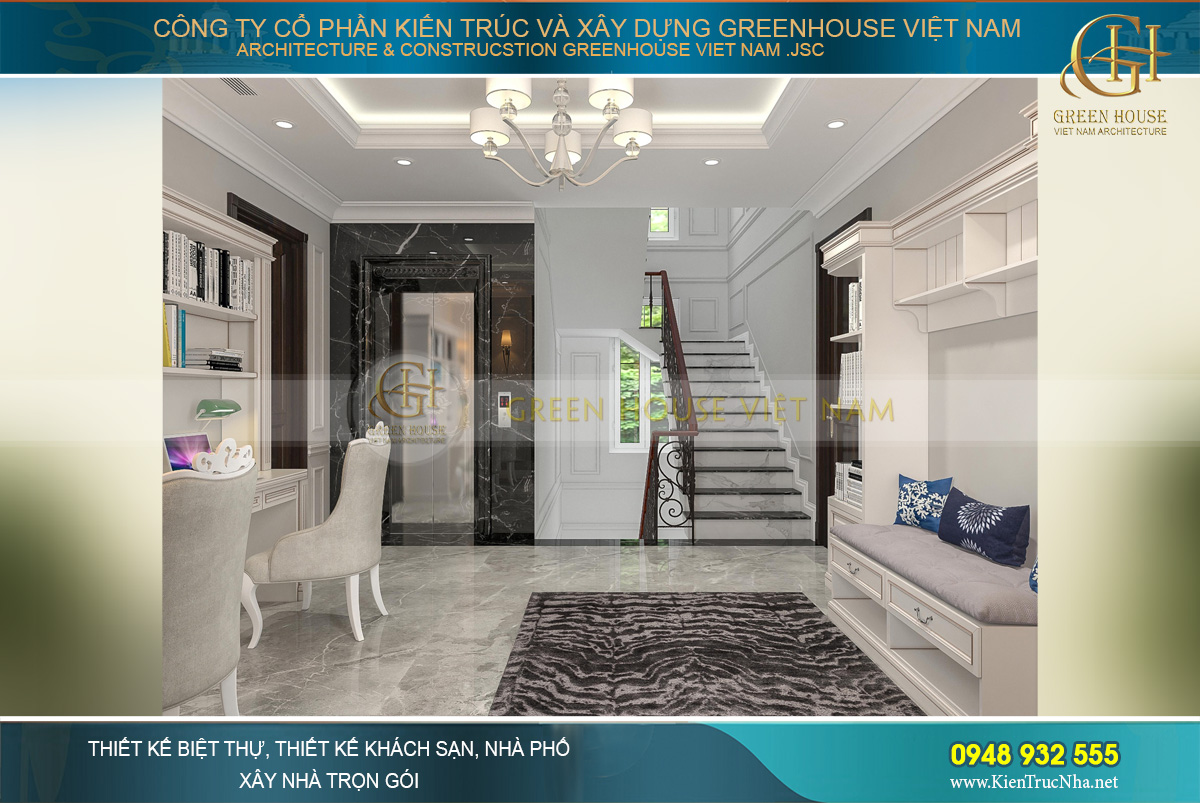 Phòng đọc sách được bố trí các giá sách lớn, bàn đọc sách và cả ghế sofa độc đáo