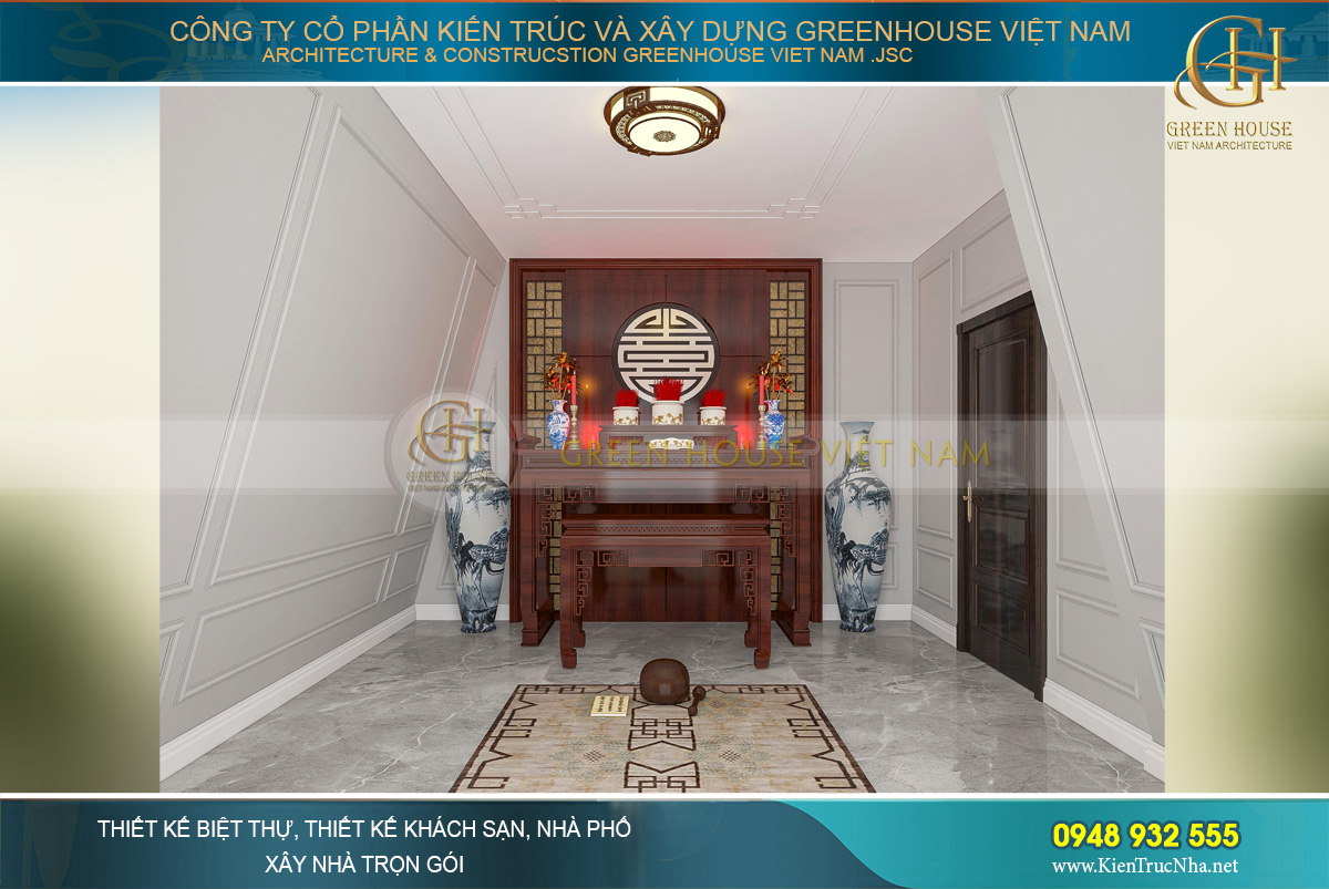 Thiết kế phòng thờ trên tầng 4 của biệt thự với kiến trúc độc đáo
