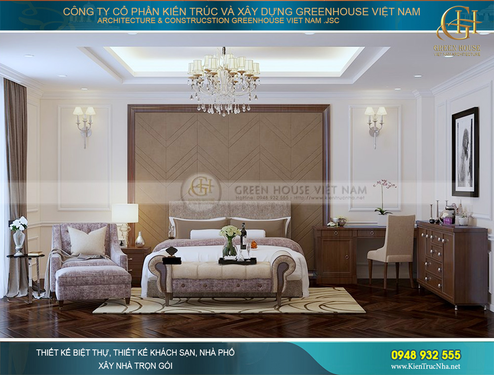 Phòng ngủ ông bà được thiết kế với phong cách nền nã, phù hợp với người lớn tuổi