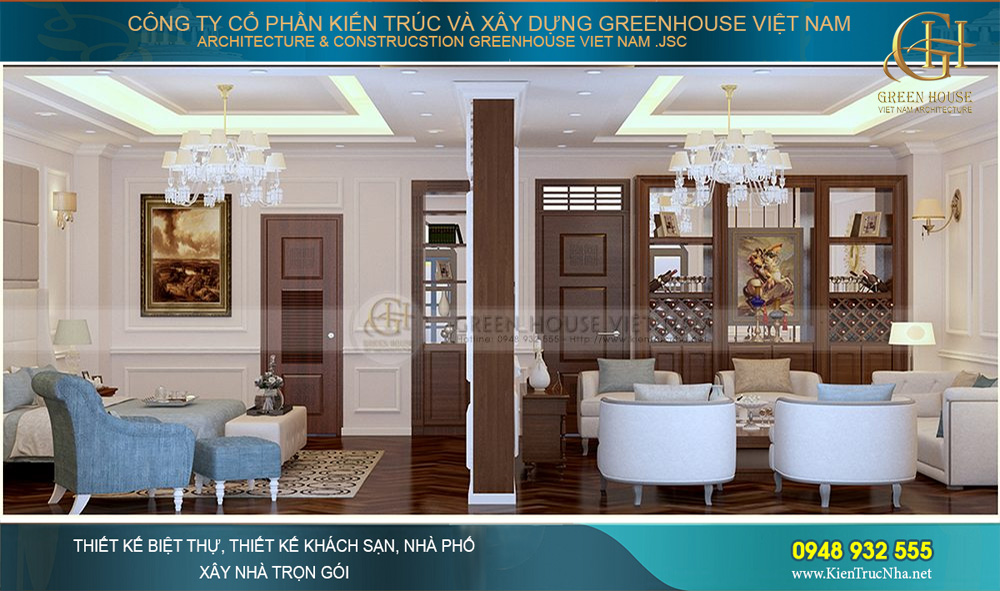 Mặt cắt thẳng của biệt thự với phòng sinh hoạt chung và phòng ngủ bên cạnh