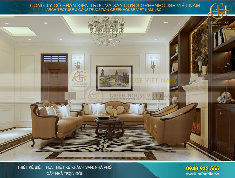 Bên cạnh bộ sofa cao cấp là tủ rượu kết hợp trang trí để tăng thêm vẻ đẹp sang trọng cho không gian