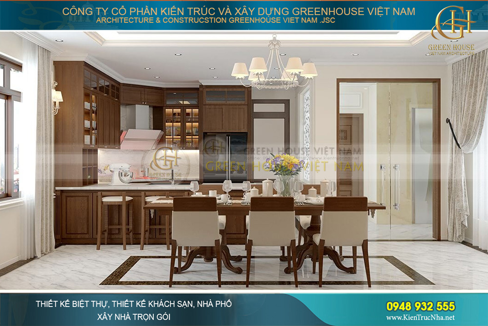 Thiết kế nội thất phòng bếp kết hợp phòng ăn của biệt thự tân cổ điển tại Bắc Giang