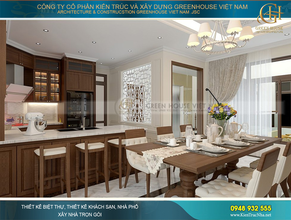 Chất liệu gỗ nâu được lựa chọn cho phòng bếp kết hợp với sắc trắng tươi sáng