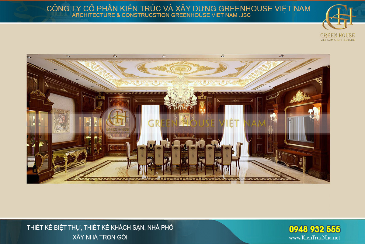 Không gian phòng ăn mang phong cách phòng yến tiệc của hoàng gia châu Âu