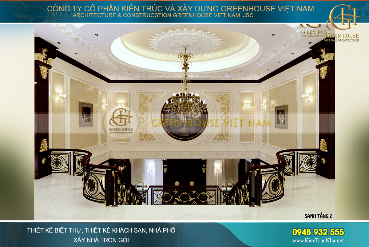 Thiết kế sảnh tầng 2 với kiến trúc thông tầng cùng vẻ đẹp choáng ngợp của những họa tiết, hoa văn phào chỉ đắp nổi mạ vàng