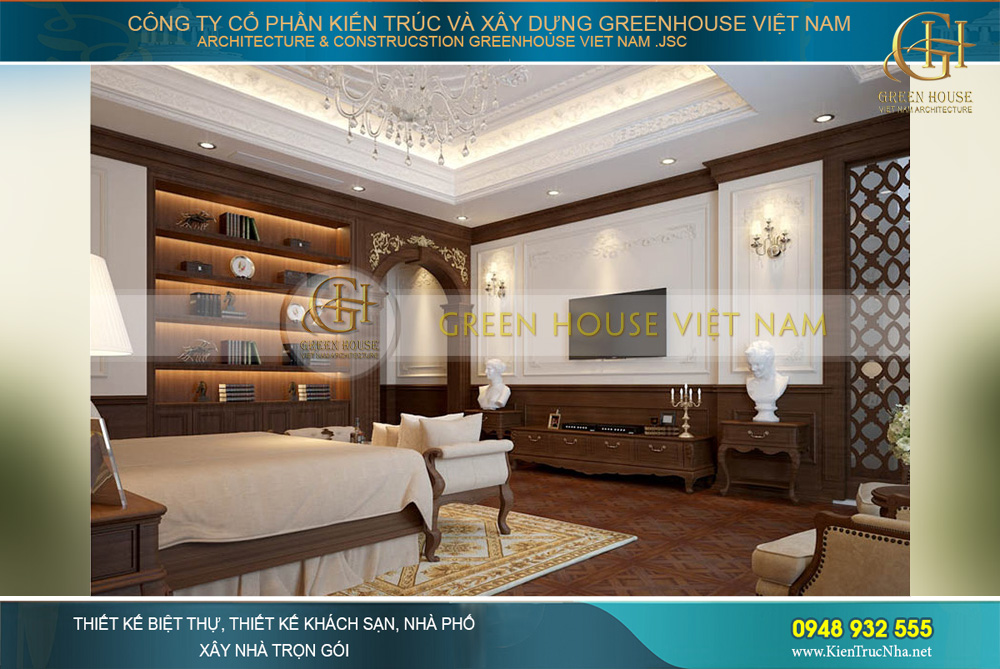 Đối diện với giường ngủ còn có một kệ TV với thiết kế TV gắn tường để đáp ứng nhu cầu giải trí