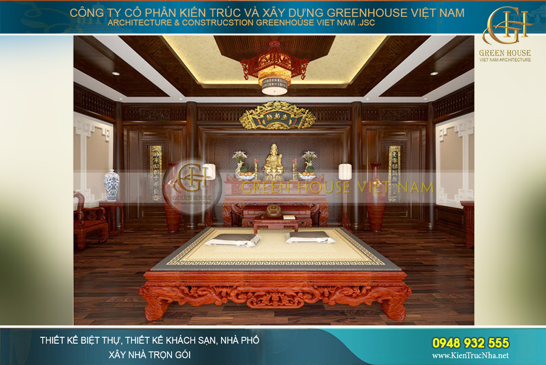 Không gian phòng thờ uy nghi, trang trọng với thiết kế gỗ nâu trầm