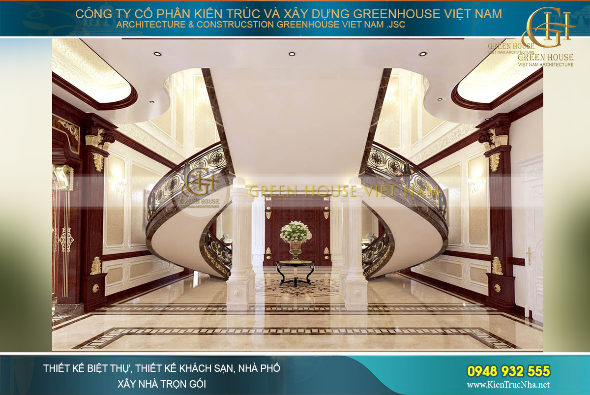 Khung cảnh phía sau đại sảnh và cầu thang của biệt thự với thiết kế đăng đối cùng tỷ lệ hoàn mỹ