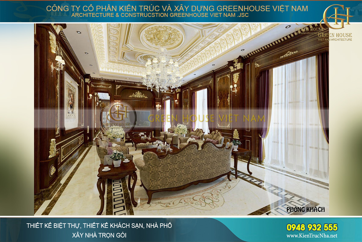 Khung trần cao đắp nổi hoa văn mạ vàng cùng những bức tường ốp gỗ nâu sa hoa, quyền quý