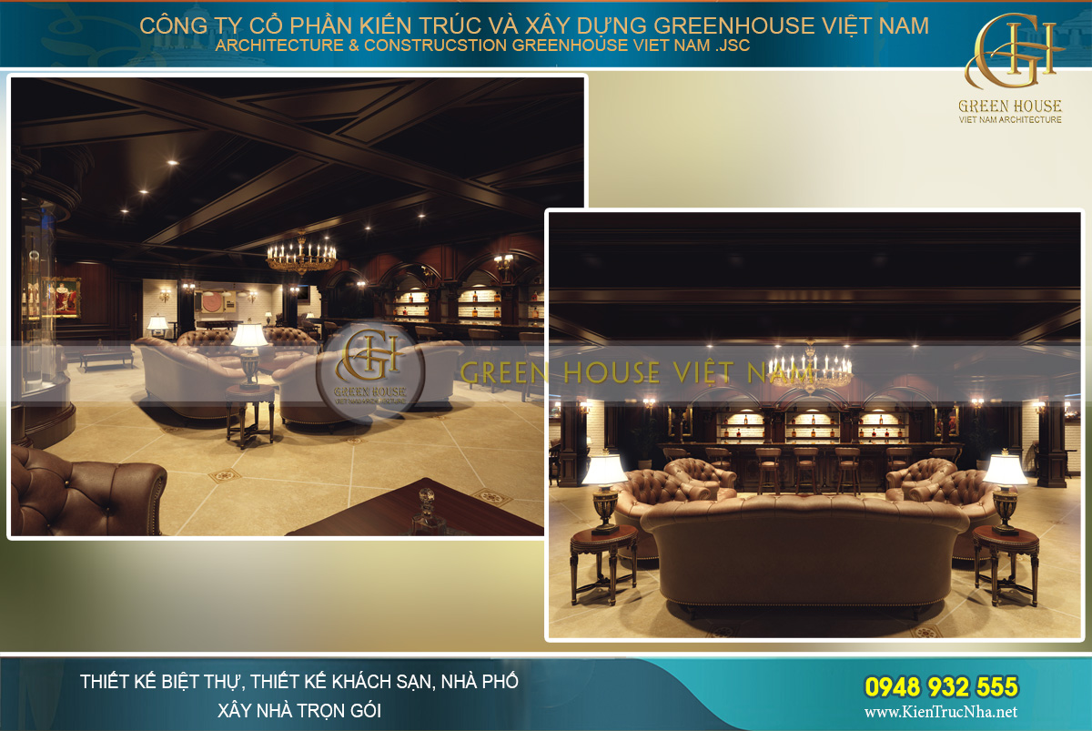  Khu vực quầy bar với bộ sofa màu cafe sữa tuyệt đẹp để gia chủ và các vị khách thưởng rượu