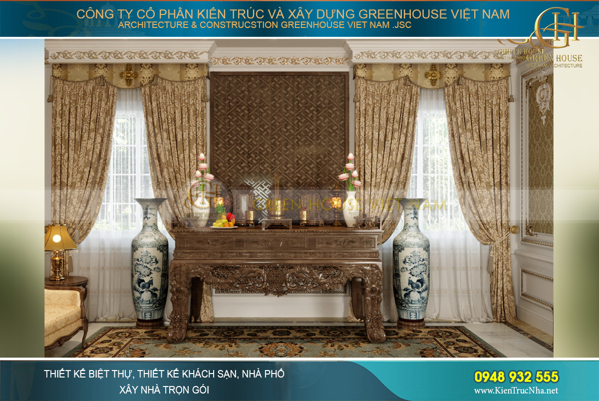 Thiết kế khu vực bàn thờ gia tiên với sự trang trọng, bề thế