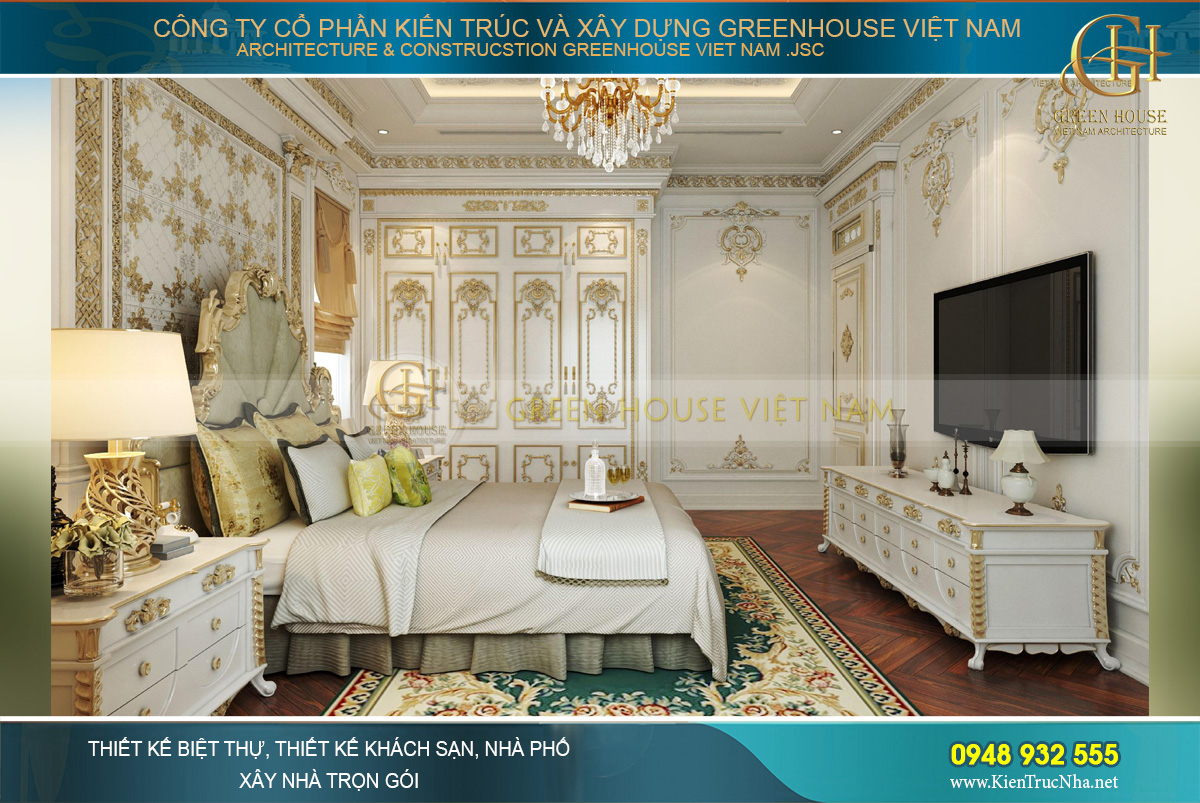 Phòng ngủ nhỏ tại tầng 1 sở hữu đầy đủ các nội thất cần thiết như TV, kệ tủ, bàn trang điểm hay tủ quần áo