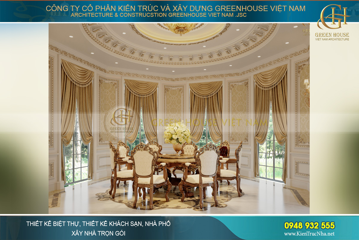 Phòng ăn nhỏ dành cho gia đình được bố trí tại khu vực kiến trúc bán nguyệt của dinh thự