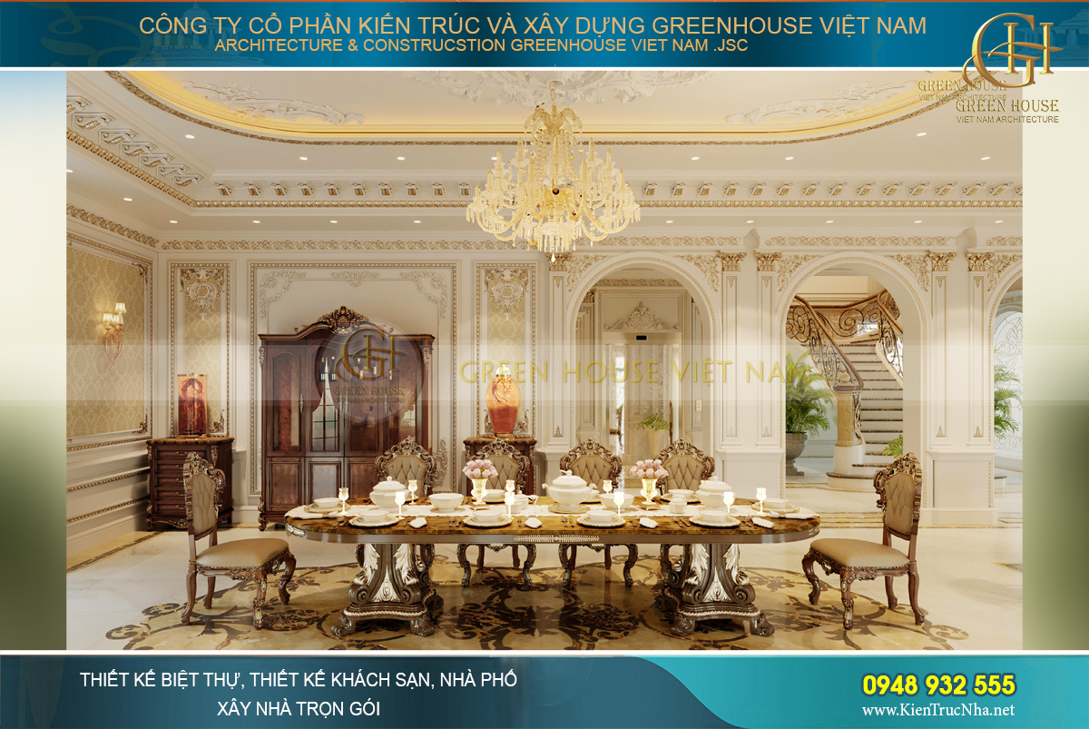 Không gian phòng ăn của dinh thự tân cổ điển giống như dành cho gia đình hoàng gia