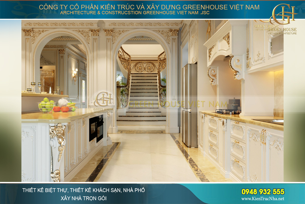 Vòm cửa cao dẫn vào không gian bếp khá đơn giản, tinh tế và gọn gàng của dinh thự