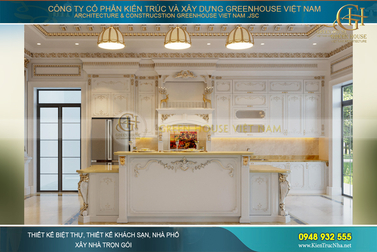 Phòng bếp được thiết kế với tủ bếp, bàn đảo cùng các nội thất hiện đại, cao cấp và vừa đủ