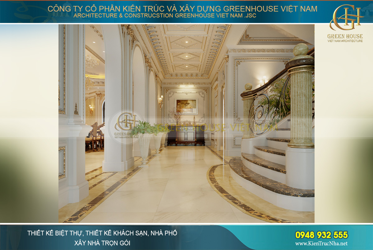 Từ đại sảnh, đi qua khu vực cầu thang bộ của dinh thự để đến với phòng ăn