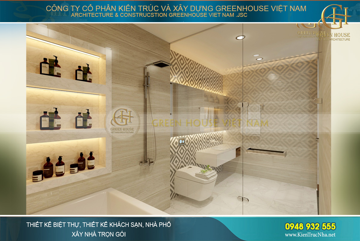 Phòng tắm và vệ sinh khép kín với chất liệu đá trắng trang nhã, tinh xảo