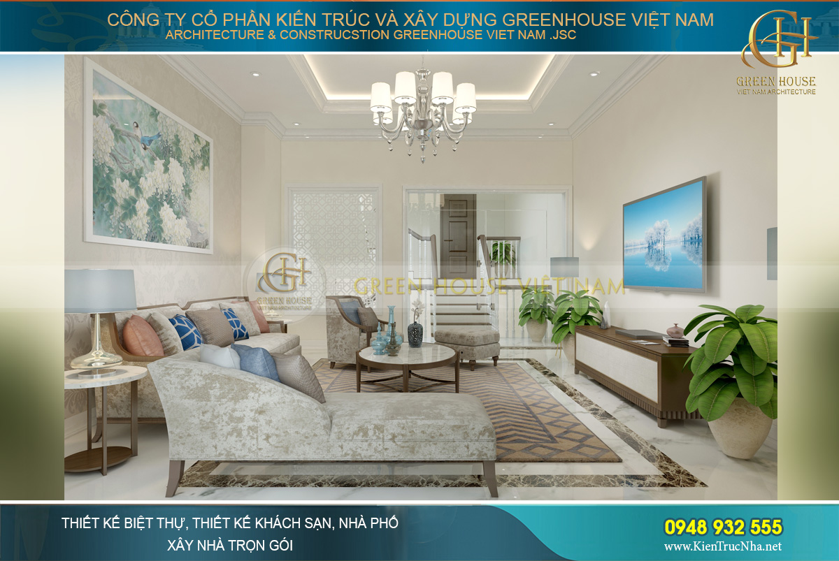 Phòng sinh hoạt chung được đặt tại sảnh thang tầng 2 của nhà phố 4 tầng