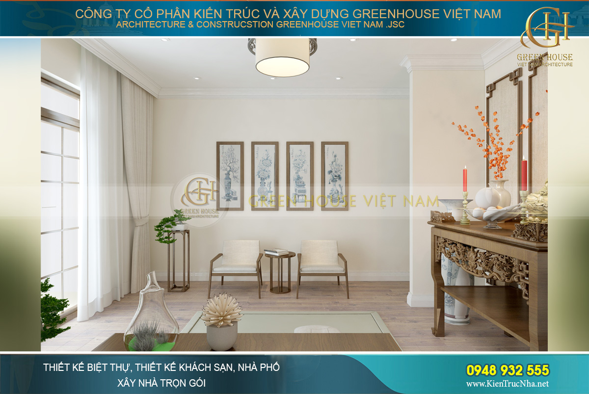 Một bàn trà nhỏ với thiết kế tối giản để gia chủ ngồi thảo luận, trao đổi