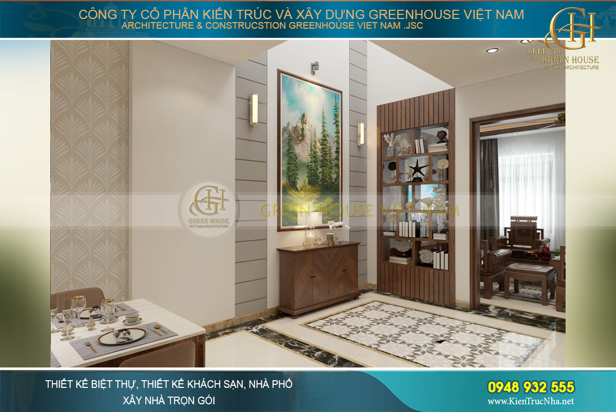 Phía trong sảnh thang chính là khu vực phòng ăn của gia đình 