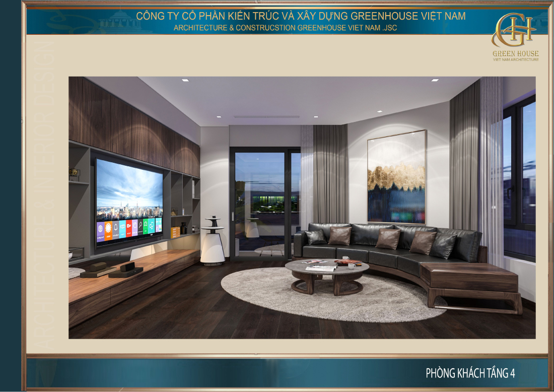 Phòng khách được thiết kế với tone màu nâu nền nã, thanh lịch