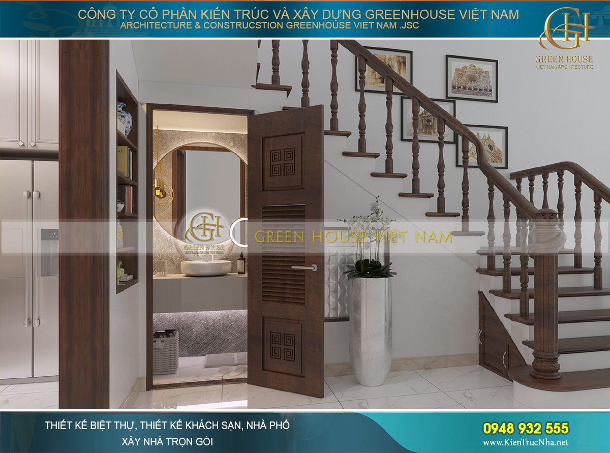Khoảng trống dưới cầu thang được bố trí một phòng vệ sinh nhỏ, thiết kế sang trọng và hiện đại