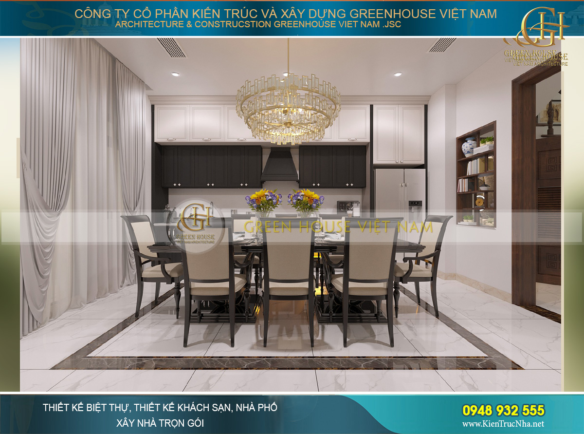 Khu vực kệ bếp được thiết kế đồng bộ với bàn ăn bằng chất liệu gỗ sơn đen lịch lãm