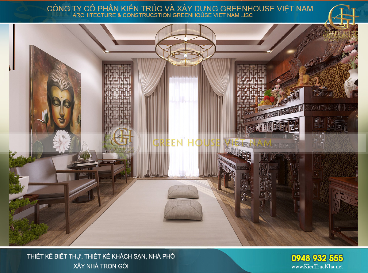 Thiết kế nội thất phòng thờ với chất liệu gỗ bề thế, vững chãi 