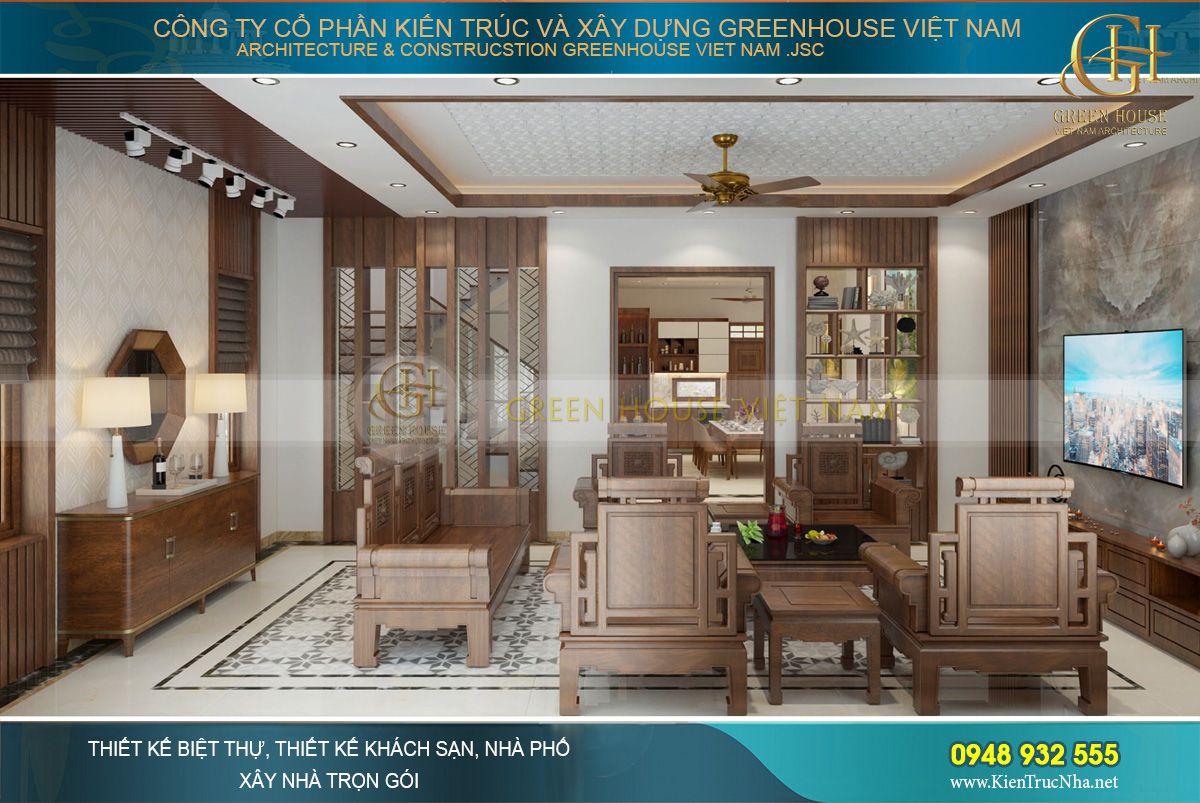 Căn nhà phố hiện đại chào đón các vị khách bằng không gian phòng khách sang trọng