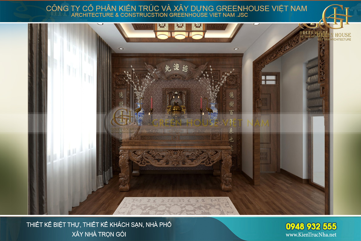 Thiết kế không gian phòng thờ với bàn thờ đẹp, sang trọng được đầu tư tỉ mỉ