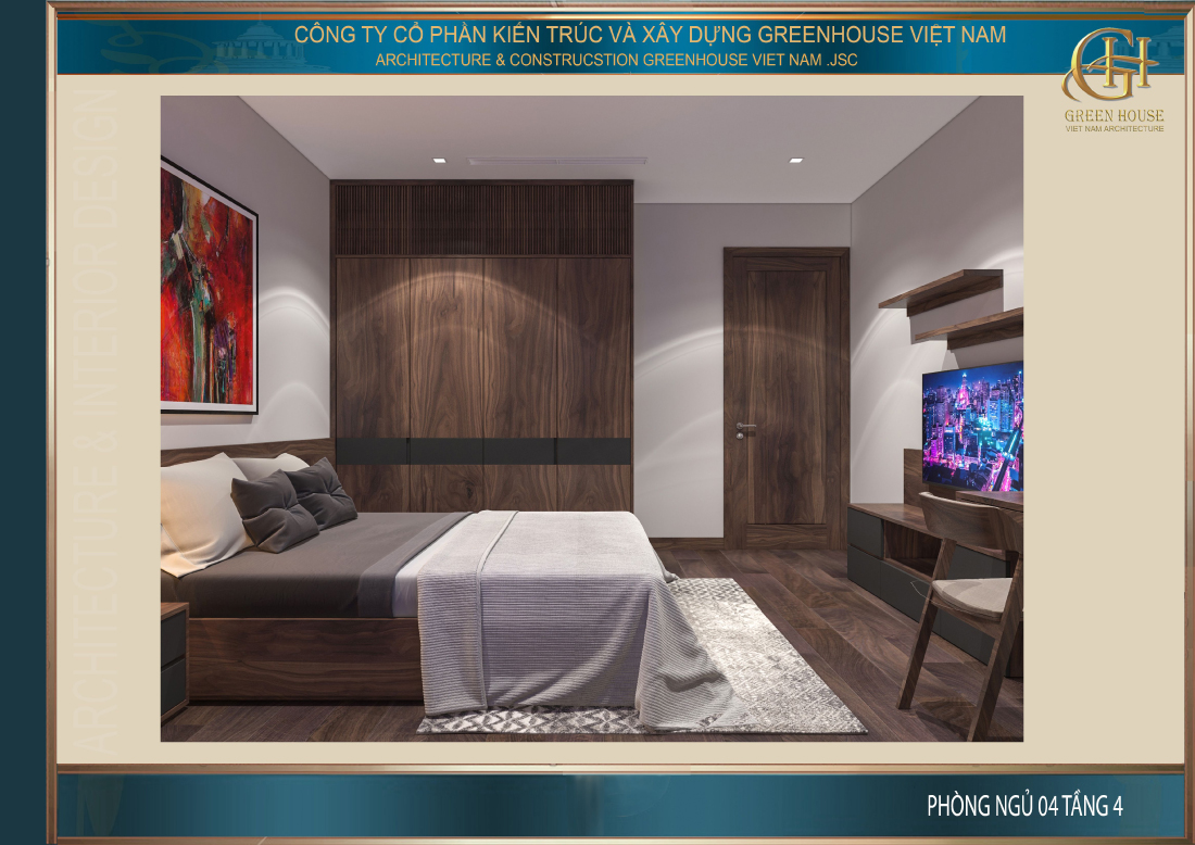 Phòng ngủ trên tầng 4 có kết cấu và thiết kế khá giống phòng ngủ ở tầng dưới