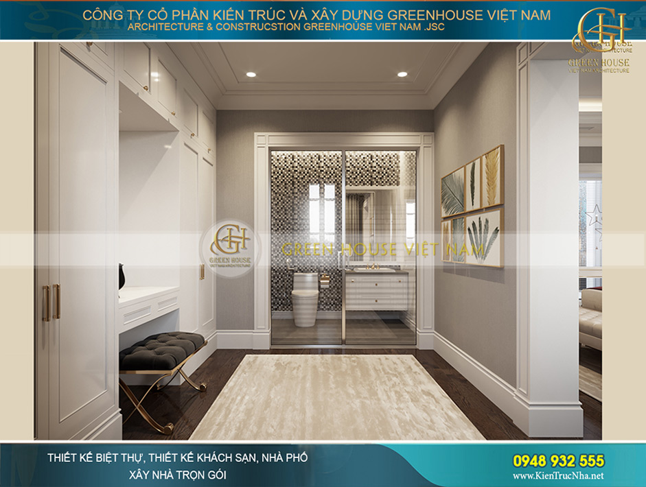 Phòng ngủ được chia thành 2 phần với khu vực tủ đồ, bàn trang điểm và phòng tắm riêng